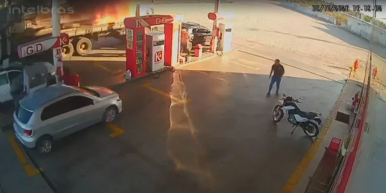 Caminhão em chamas entra em posto de combustíveis e causa pânico no Rio Grande do Norte