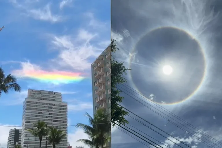 Céu de cidades paulistas exibe anel luminoso e nuvem colorida no mesmo dia