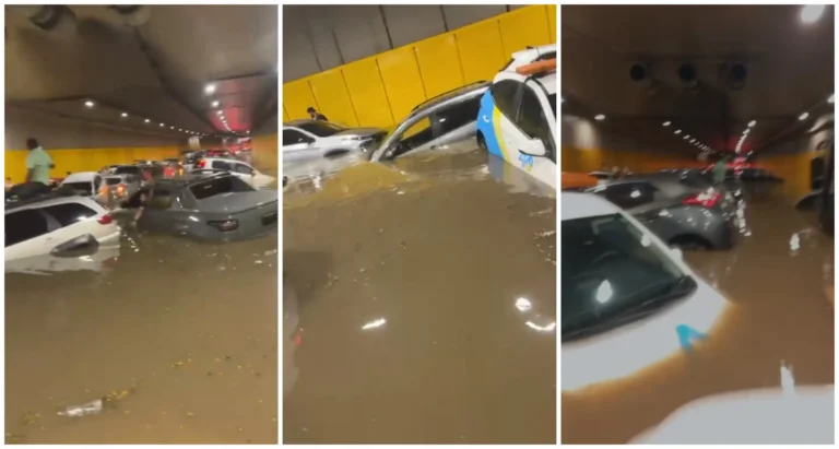 Chuva intensa causa alagamentos e deixa veículos submersos no túnel do Anhangabaú