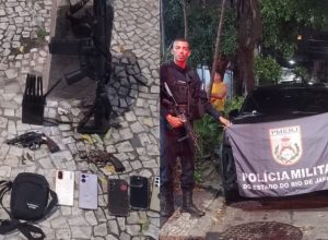 Os PMs apreenderam um veículo com registro de roubo, um bloqueador de sinal, dois revólveres, u...